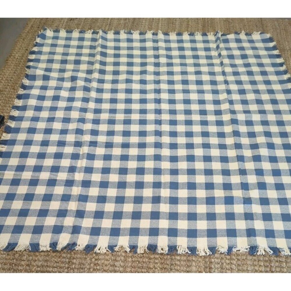 Tableclothw/ 4 Placemats Buffalo Check Country Blue White Fringed Square 58x58